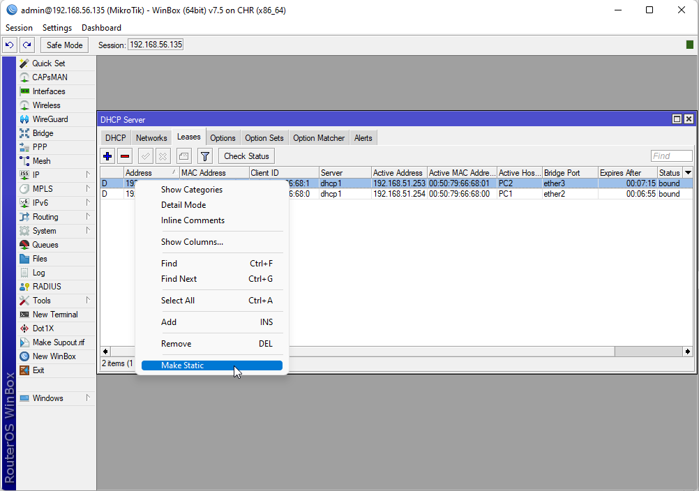 Creating a Static IP address entry for a host